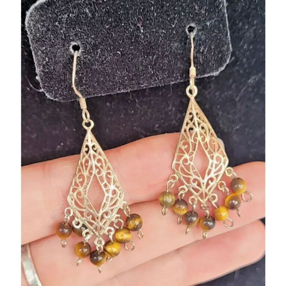 Earth Fairy Bohemain Sterling Silver Tiger's Eye Filigree Chandelier Earrings 2"